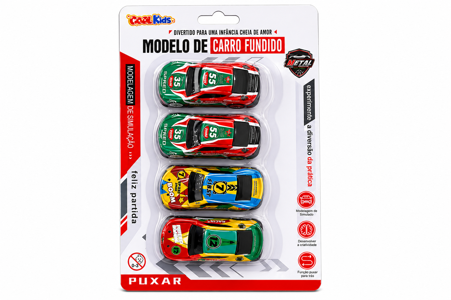 Kit Carrinhos Metal Fundido Pull Back 4 Unidades - Modelo Corrida Colorido