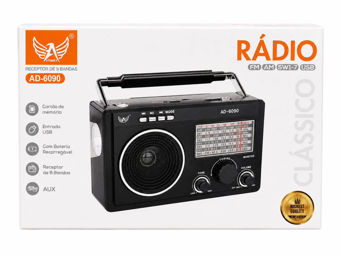 Rádio Portátil Multibandas Atomex AD-6090 FM/AM/SW com USB, Cartão de Memória e Bateria Recarregável