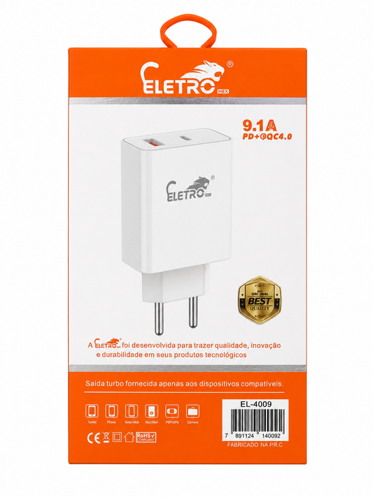 Carregador Rápido Eletro EL-4009 40W 9.1A USB-C PD + USB QC 4.0 Bivolt