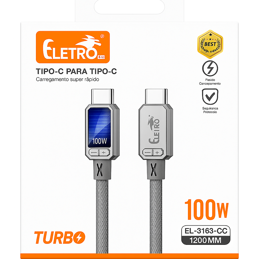 Cabo USB-C para USB-C Eletro Turbo 100W Super Rápido 1,2m EL-3163-CC