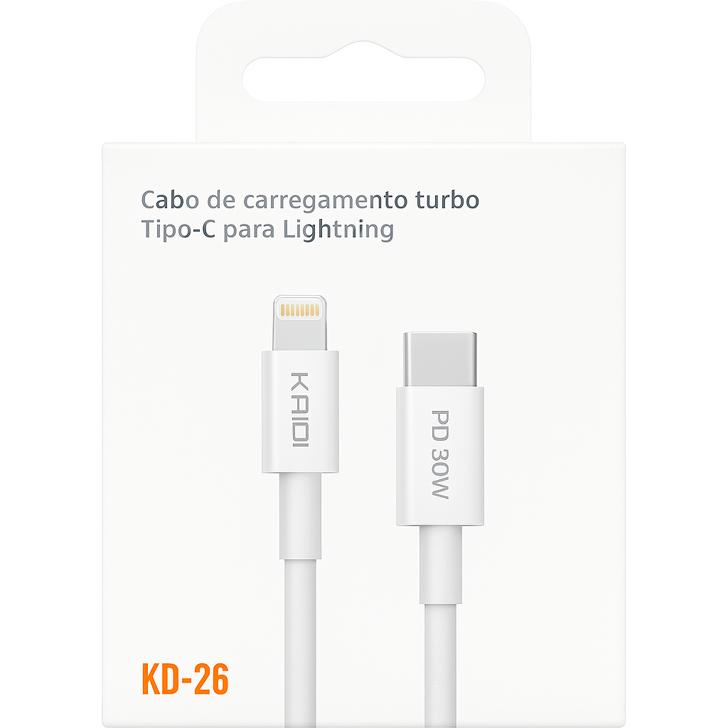 Cabo USB-C para Lightning Kaidi KD-26 PD 30W Carregamento Turbo