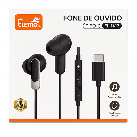 Fone de Ouvido Intra-Auricular Tipo-C Eletro Mex EL-1417 com Microfone