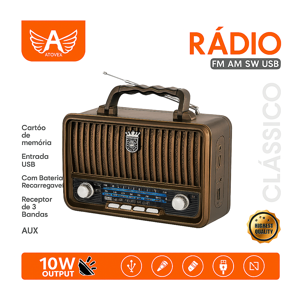 Rádio Portátil Atomex AD-8282 FM AM SW USB com Bateria Recarregável