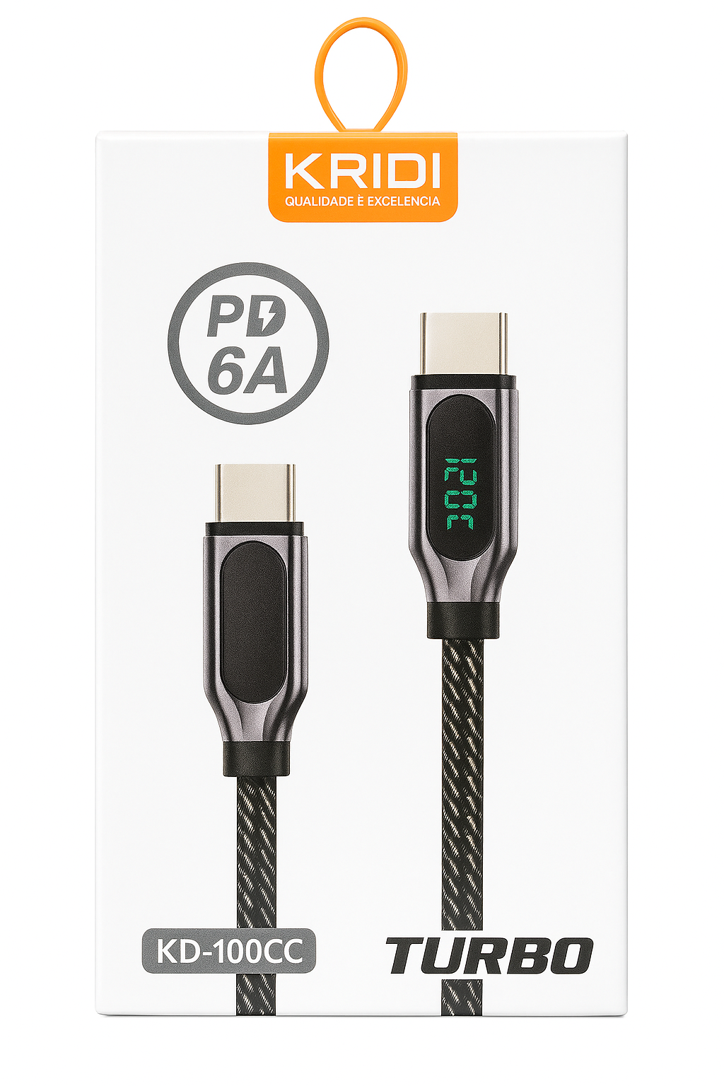 Cabo USB-C Turbo PD 6A KRIDI KD-100CC com Display Digital