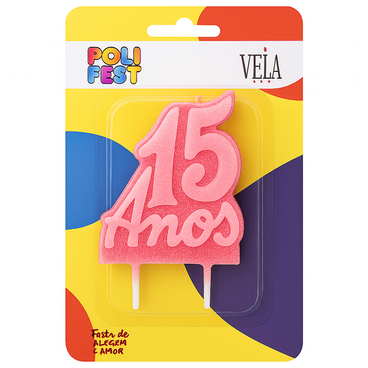 Vela Decorativa de Aniversário 15 Anos com Glitter Poli Fest