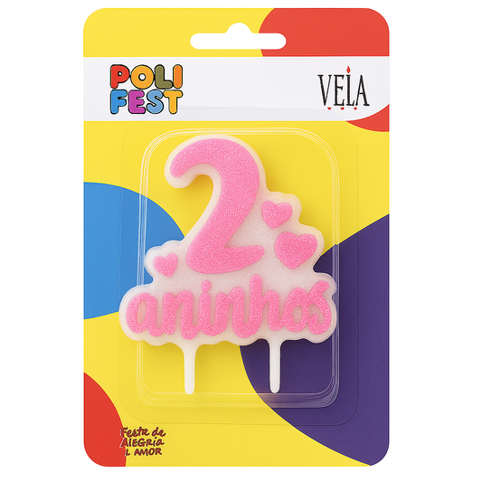 Vela Decorativa de Aniversário 2 Anos com Glitter Poli Fest