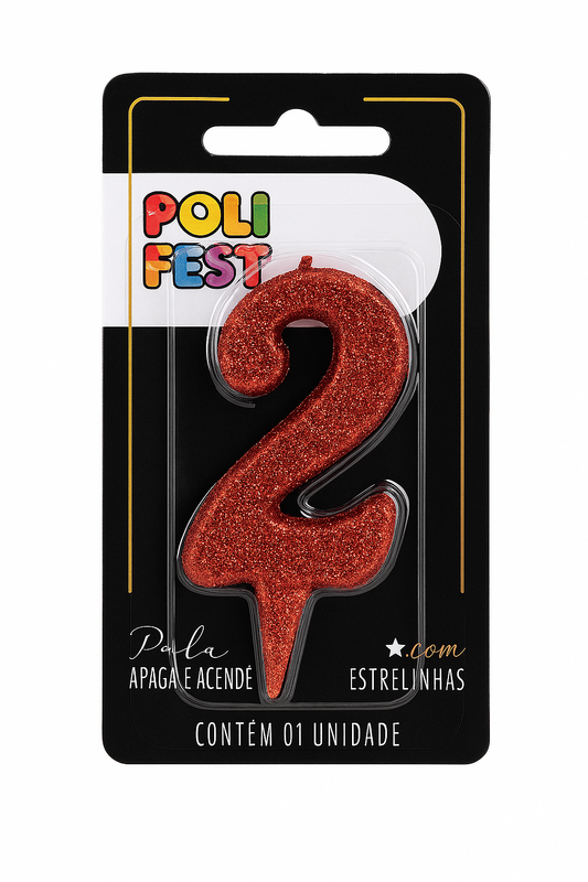 Vela de Aniversário Número 2 com Glitter Poli Fest – Decoração de Festa