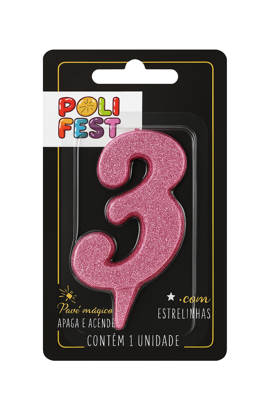 Vela de Aniversário Número 3 com Glitter Poli Fest