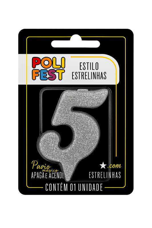 Vela de Aniversário Número 5 Glitter Poli Fest