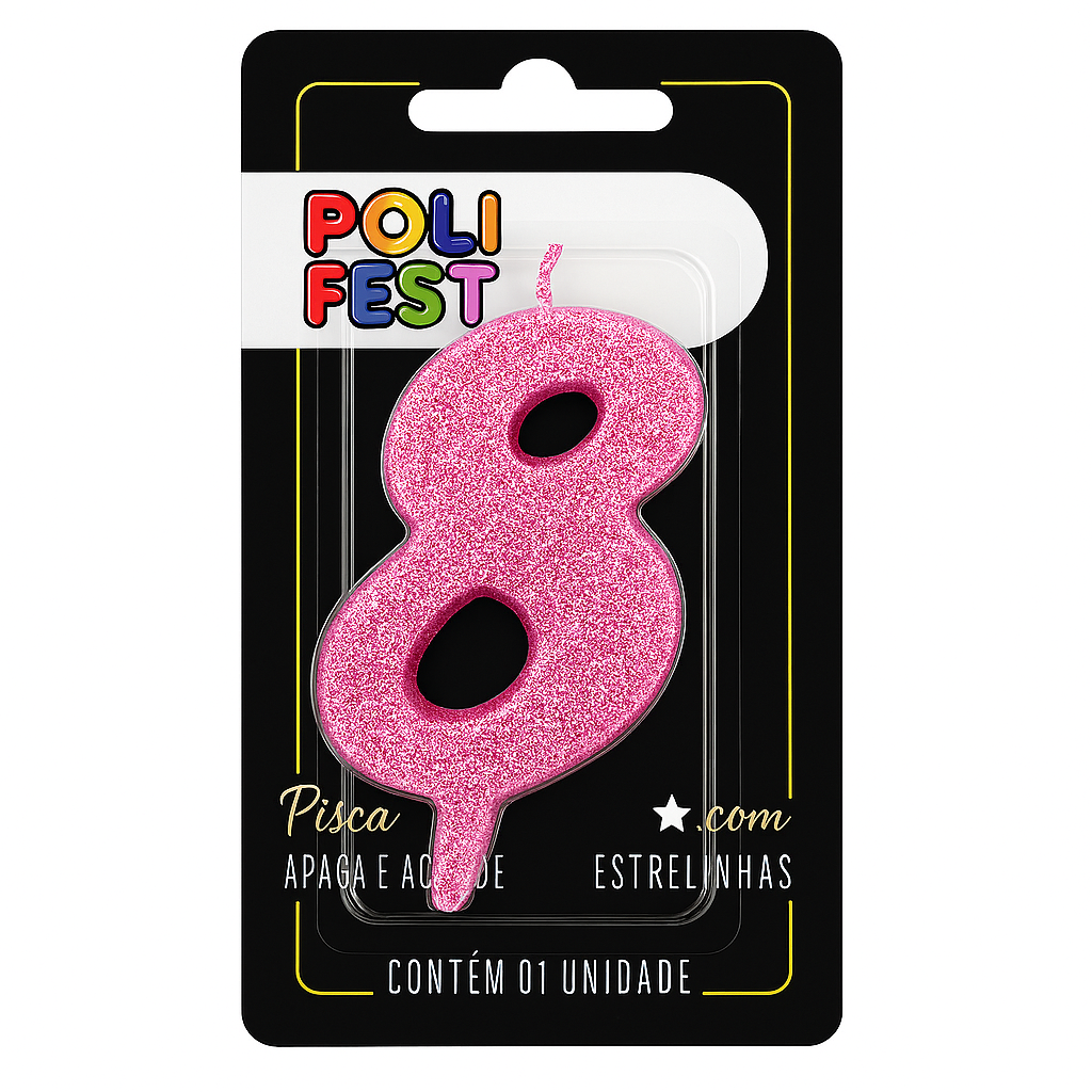 Vela de Aniversário Número 8 Glitter Poli Fest