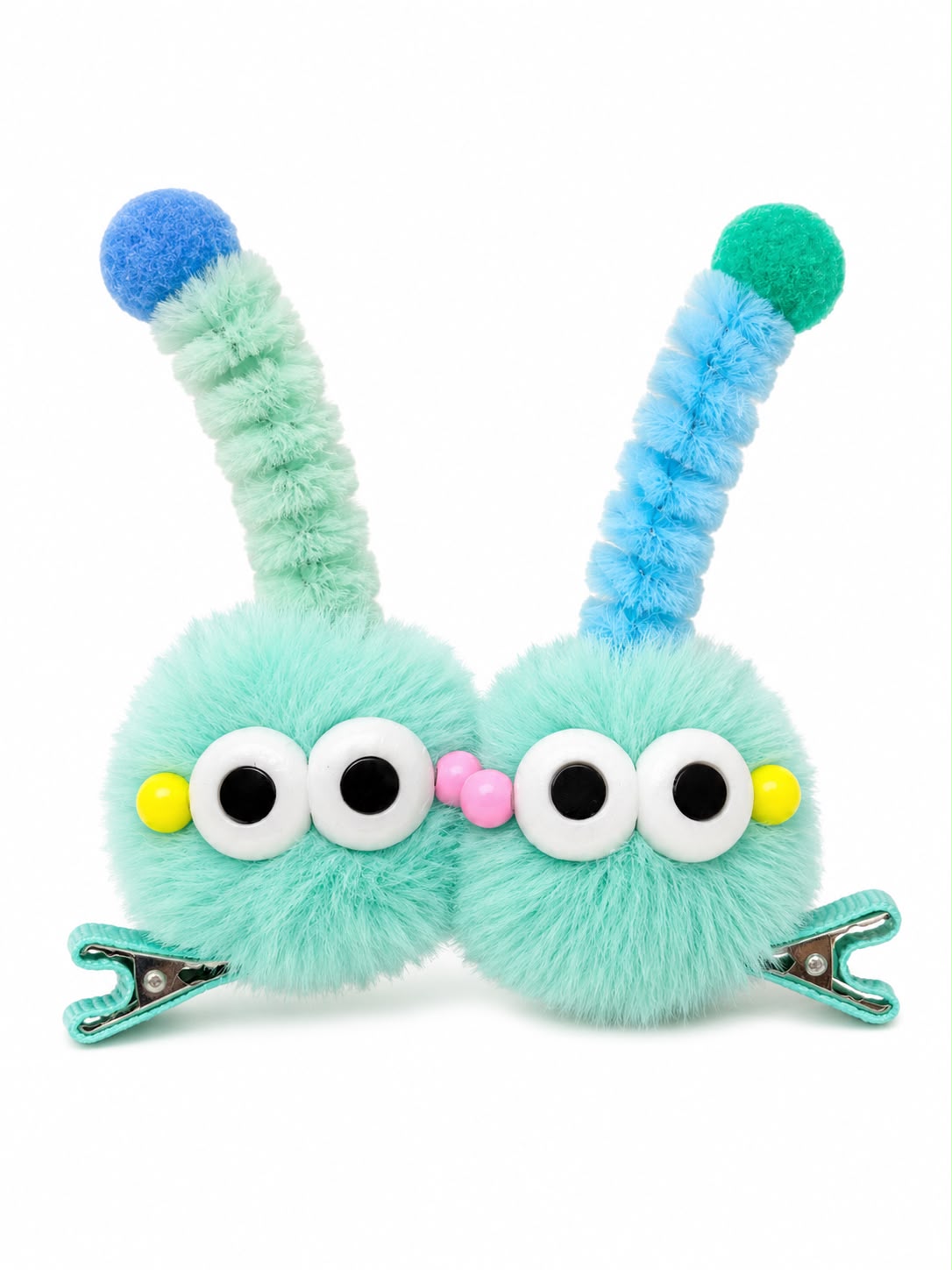 Presilhas de Cabelo Peluciadas com Pompom e Olhos Decorativos Kit 2 Unidades