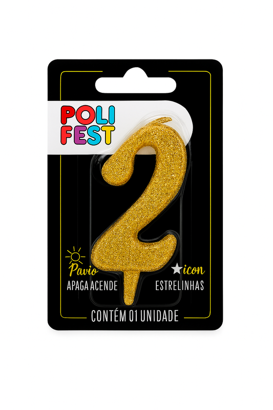 Vela de Aniversário Número 2 com Glitter Poli Fest – Decoração de Festa