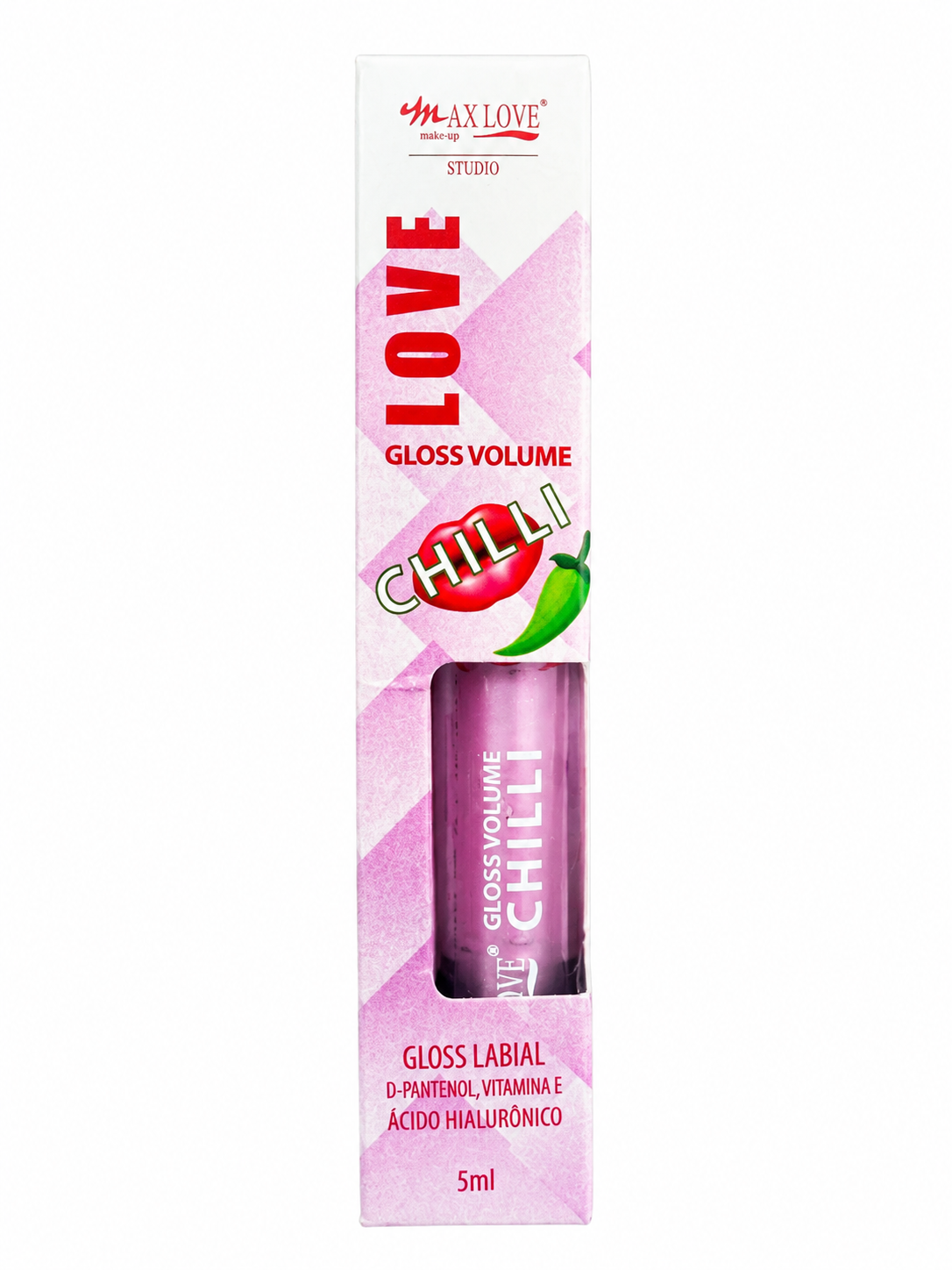 Gloss Labial Max Love Studio Love Gloss Volume Chilli 5ml com D-Pantenol, Vitamina E e Ácido Hialurônico