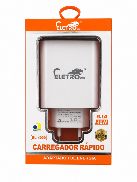 Carregador Rápido Eletro EL-4009 40W 9.1A USB-C PD + USB QC 4.0 Bivolt