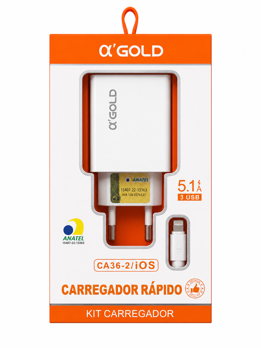 Kit Carregador α'Gold CA36-2 para iPhone Lightning 5.1A com 3 Portas USB