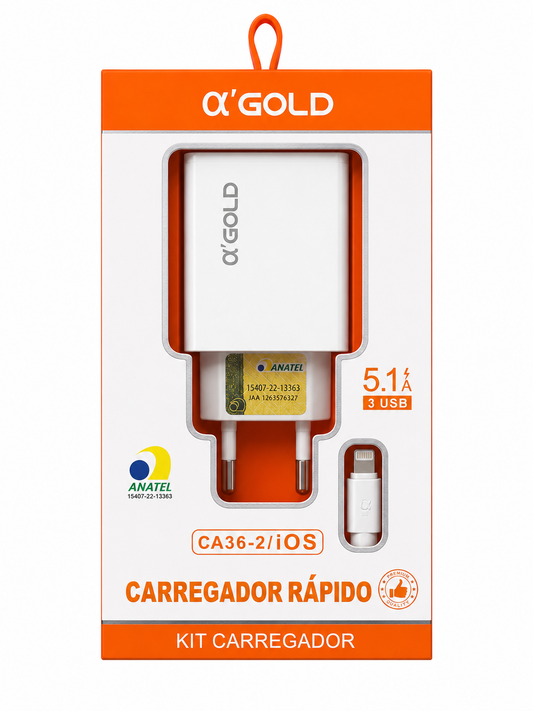 Kit Carregador α'Gold CA36-2 para iPhone Lightning 5.1A com 3 Portas USB