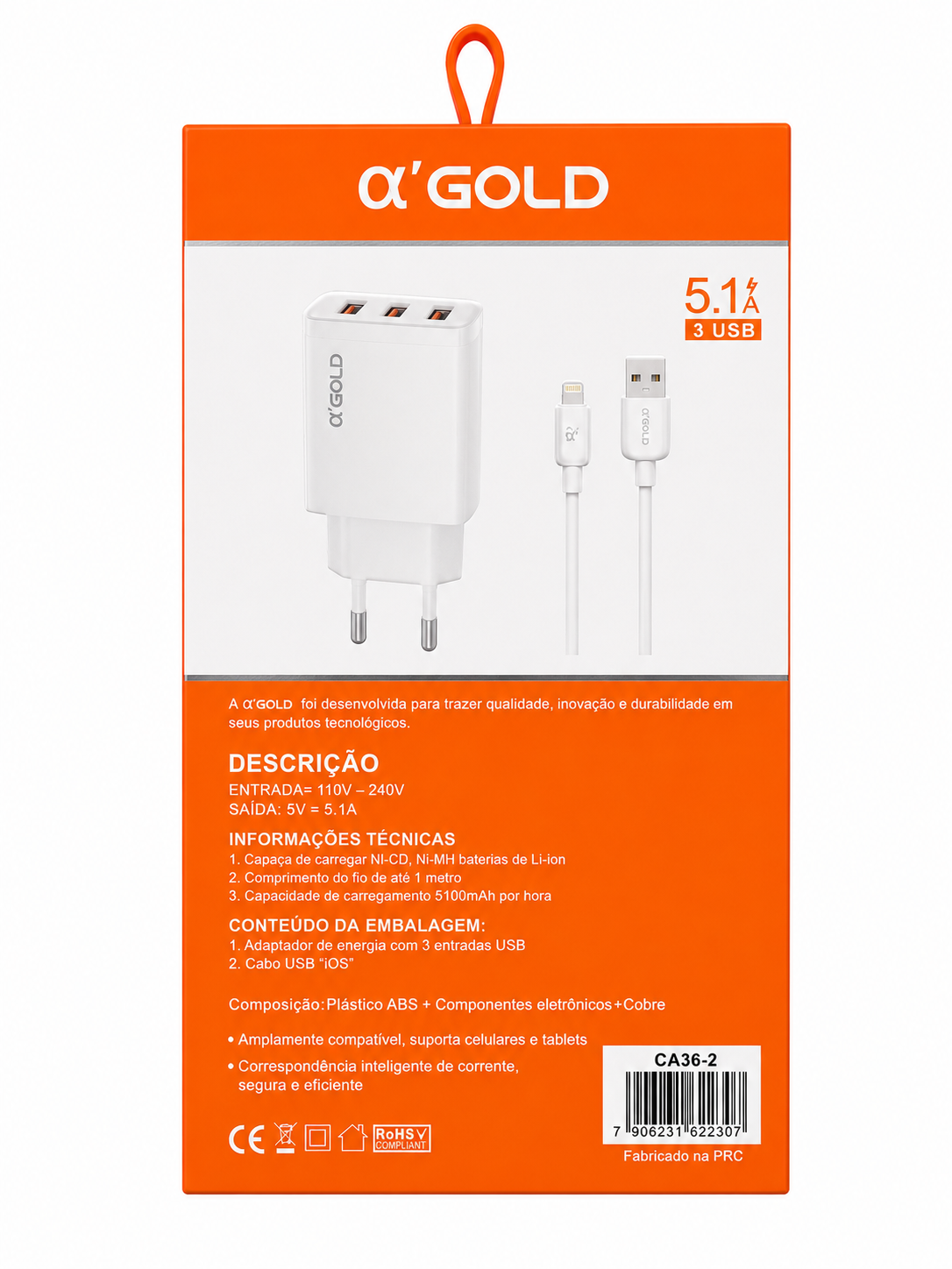 Kit Carregador α'Gold CA36-2 para iPhone Lightning 5.1A com 3 Portas USB