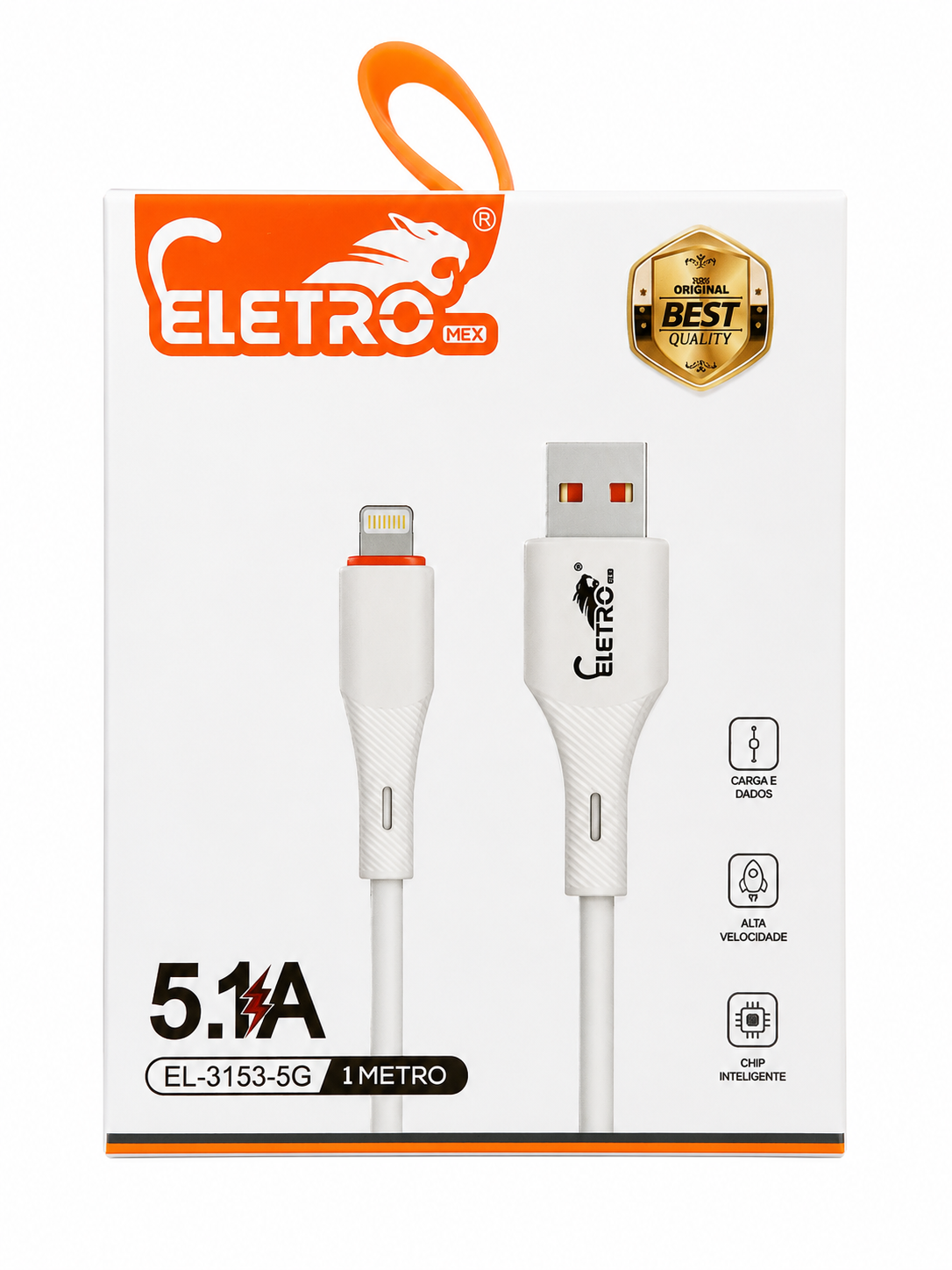 Cabo USB para Lightning 5.1A EletroMex EL-3153-5G – 1 Metro para Carregamento e Transferência de Dados