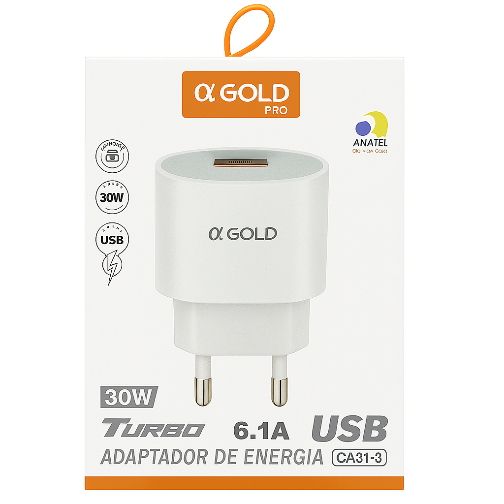 Carregador Turbo USB Alpha Gold Pro 30W 6.1A QC 4.0 Bivolt