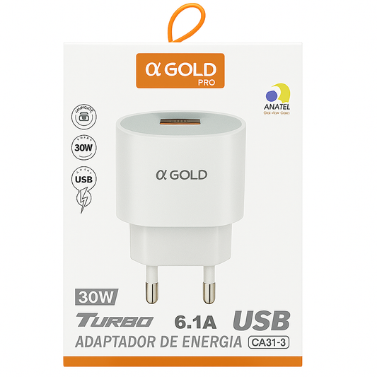 Carregador Turbo USB Alpha Gold Pro 30W 6.1A QC 4.0 Bivolt