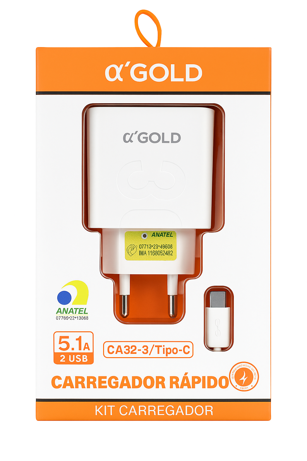 Carregador Rápido α’GOLD 5.1A Dual USB + Cabo Tipo-C CA32-3