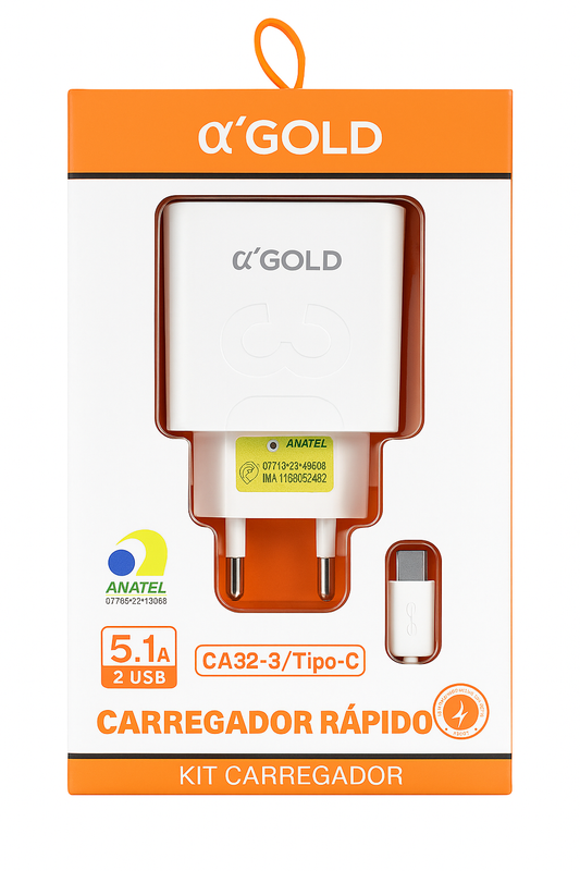 Carregador Rápido α’GOLD 5.1A Dual USB + Cabo Tipo-C CA32-3