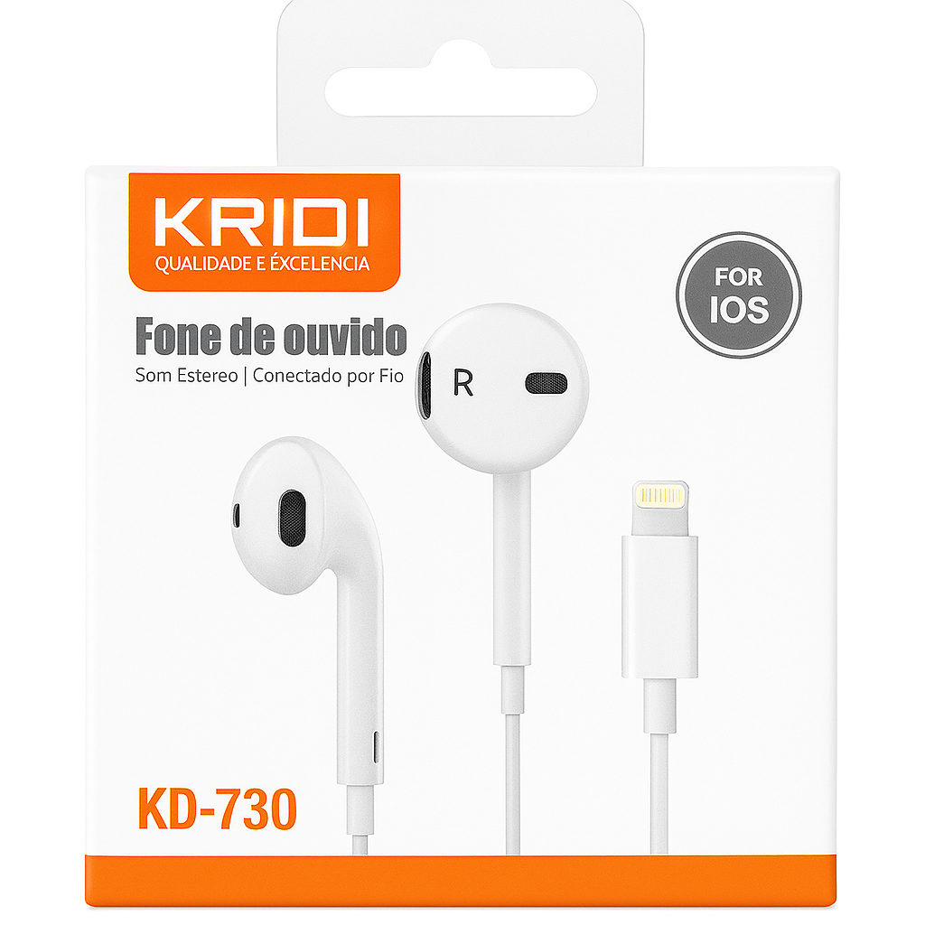 Fone de Ouvido com Fio KRIDI KD-730 para iOS com Conector Lightning