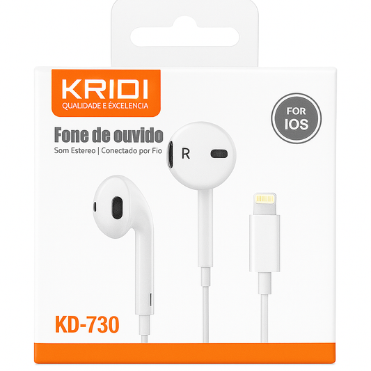 Fone de Ouvido com Fio KRIDI KD-730 para iOS com Conector Lightning