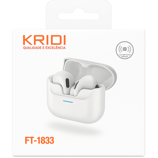 Fone de Ouvido Bluetooth KRIDI com Estojo e Carregamento Indutivo