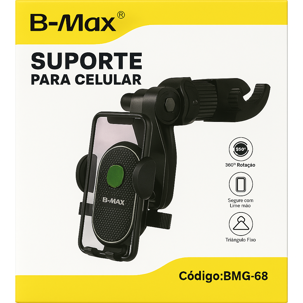 Suporte para Celular Veicular B-Max BMG-68 com Rotação 360° e Fixação Estável