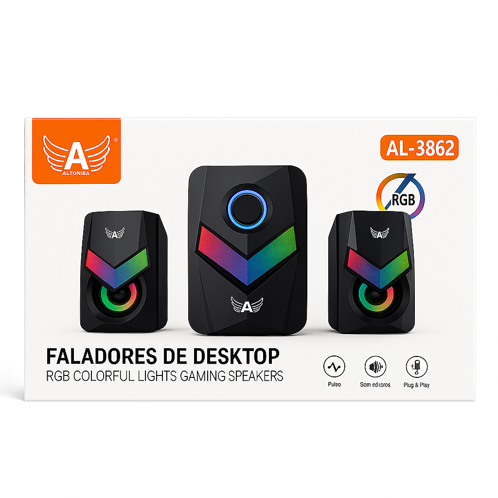 Kit Caixa de Som 2.1 Gamer RGB Altomex AL-3862 com Subwoofer