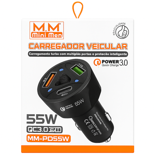 Carregador Veicular Mini Men 55W QC 3.0 Turbo com Múltiplas Portas MM-PD55W