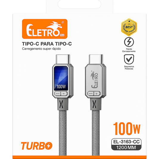 Cabo USB-C para USB-C Eletro Turbo 100W Super Rápido 1,2m EL-3163-CC