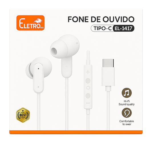 Fone de Ouvido Intra-Auricular Tipo-C Eletro Mex EL-1417 com Microfone