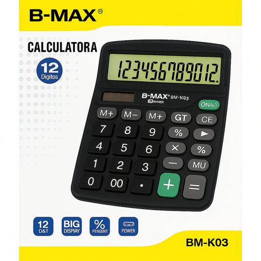 Calculadora B-MAX BM-K03 12 Dígitos com Display Grande e Função Percentual