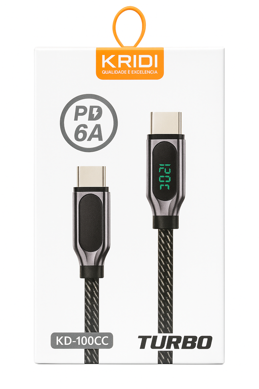 Cabo USB-C Turbo PD 6A KRIDI KD-100CC com Display Digital