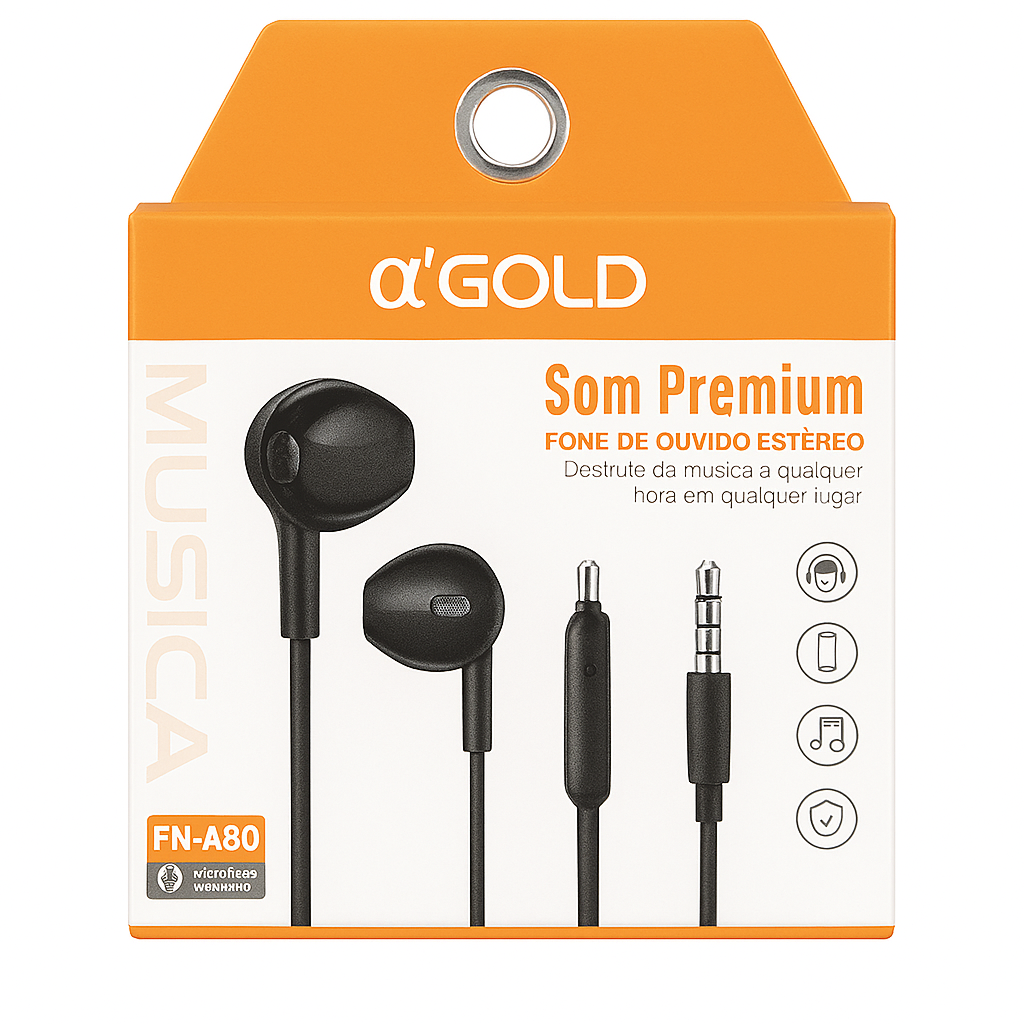 Fone de Ouvido Estéreo α’GOLD FN-A80 com Microfone Embutido P2 3.5mm