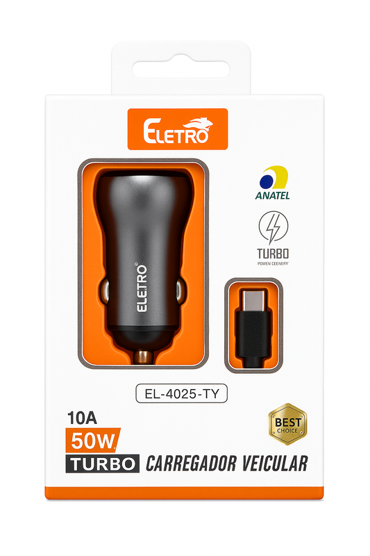 Carregador Veicular Turbo 50W Eletro EL-4025-TY com Cabo Tipo-C – 10A Alta Potência