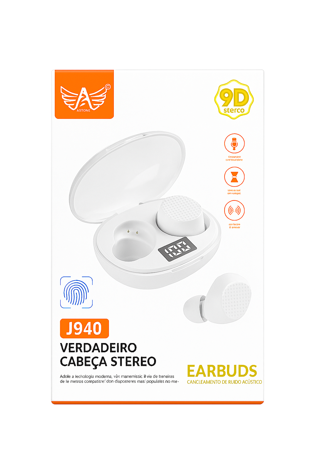 Fone de Ouvido Bluetooth Earbuds J940 Branco 9D Stereo com Case e Display