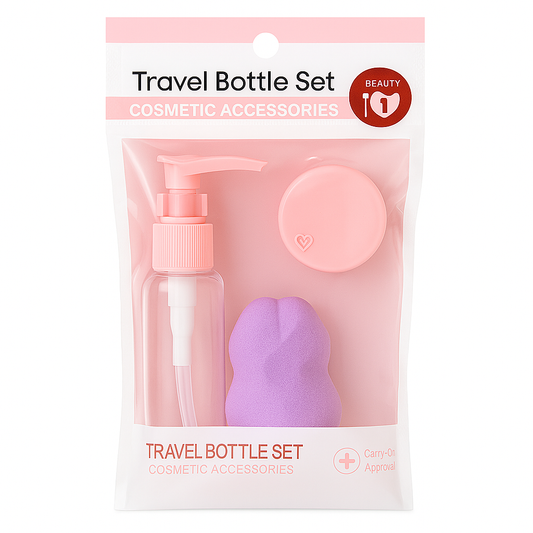 Kit Travel Bottle Set Cosmetic Accessories com Dispenser, Pote e Esponja