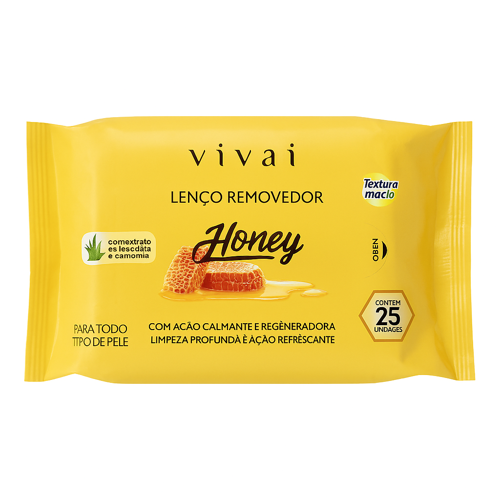 Lenço Removedor Vivai Honey com Aloe Vera e Camomila – 25 Unidades