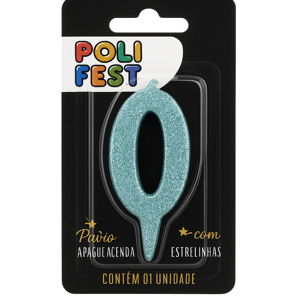 Vela de Aniversário Número 0 com Glitter PoliFest Pavio Mágico