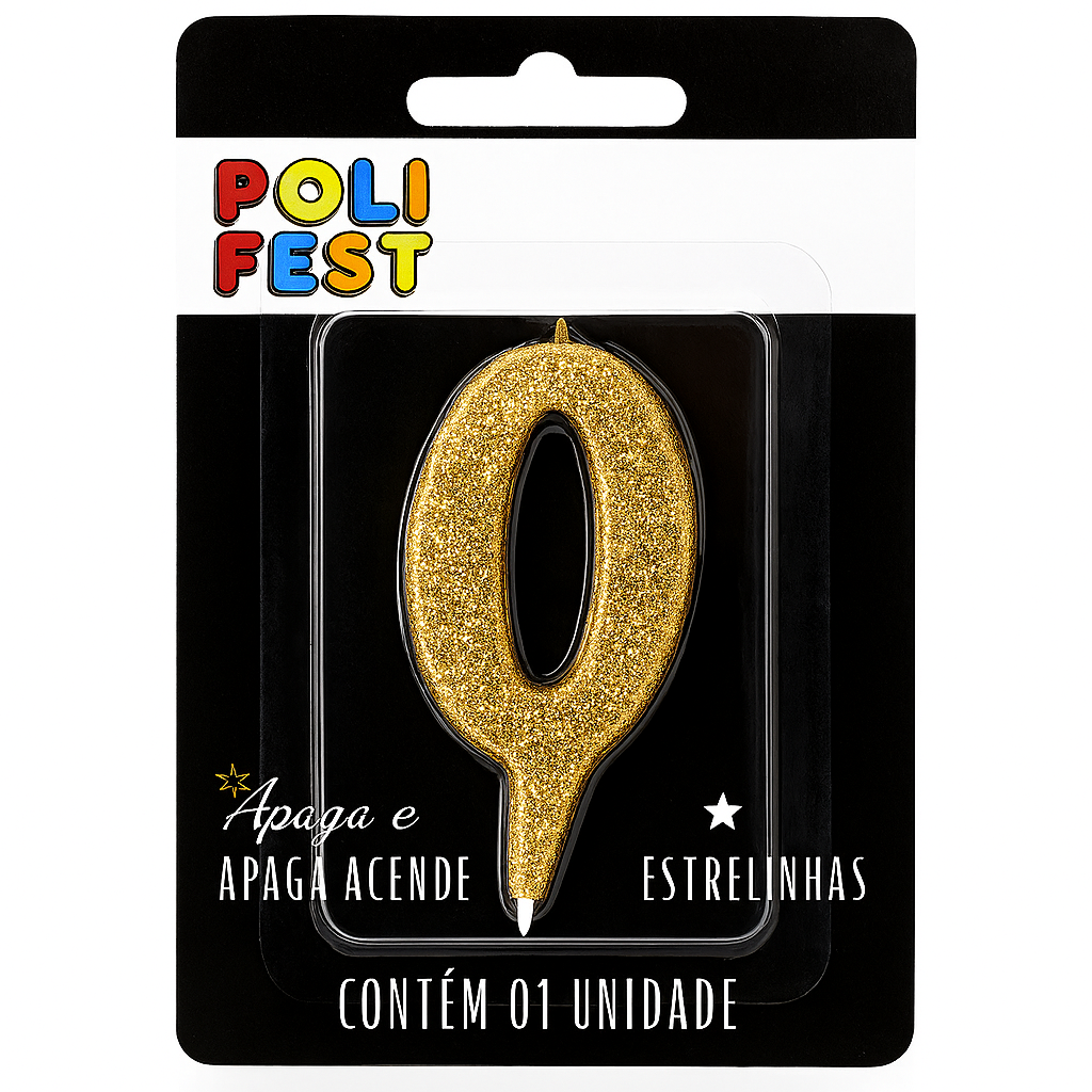 Vela de Aniversário Número 0 com Glitter PoliFest Pavio Mágico