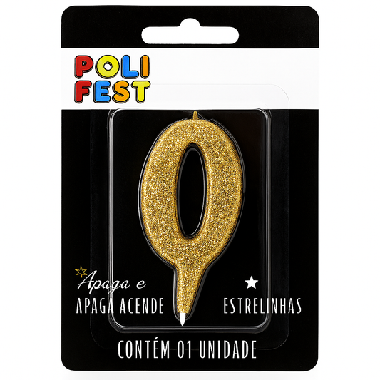 Vela de Aniversário Número 0 com Glitter PoliFest Pavio Mágico