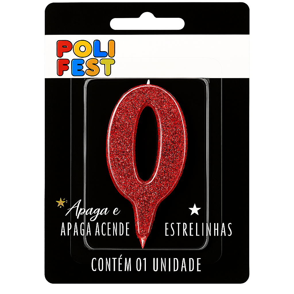 Vela de Aniversário Número 0 com Glitter PoliFest Pavio Mágico