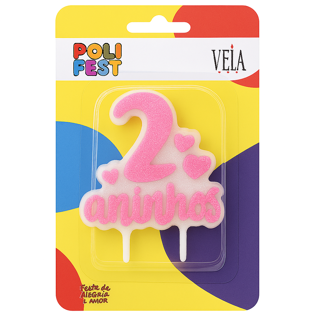 Vela Decorativa de Aniversário 2 Anos com Glitter Poli Fest
