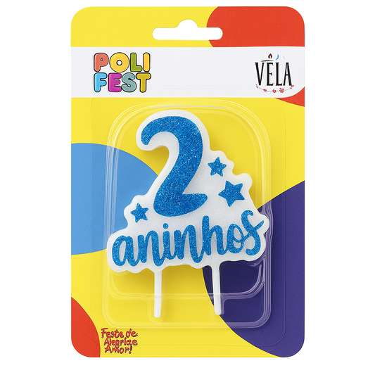 Vela Decorativa de Aniversário 2 Anos com Glitter Poli Fest