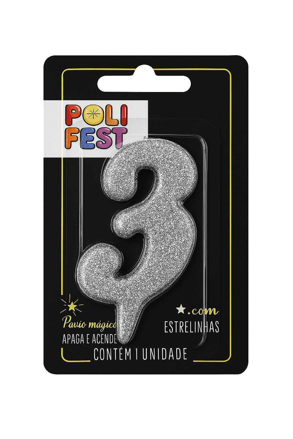 Vela de Aniversário Número 3 com Glitter Poli Fest