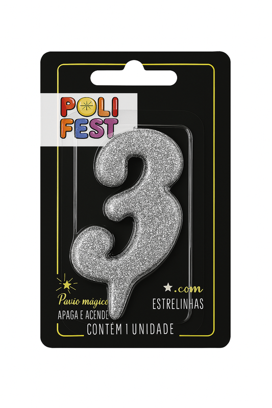 Vela de Aniversário Número 3 com Glitter Poli Fest