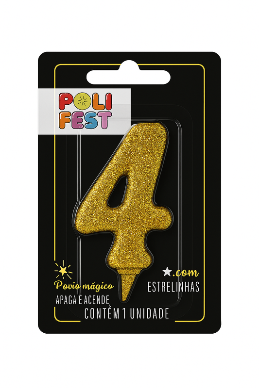 Vela de Aniversário Número 4 Glitter Poli Fest